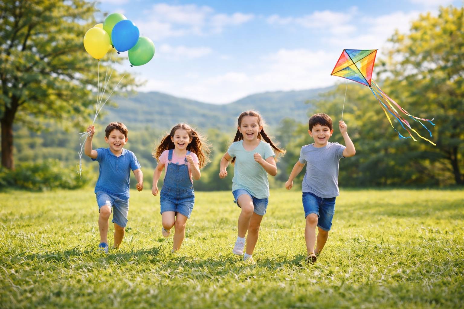 Çimenlikte balon ve uçurtmayla koşan neşeli çocuklar